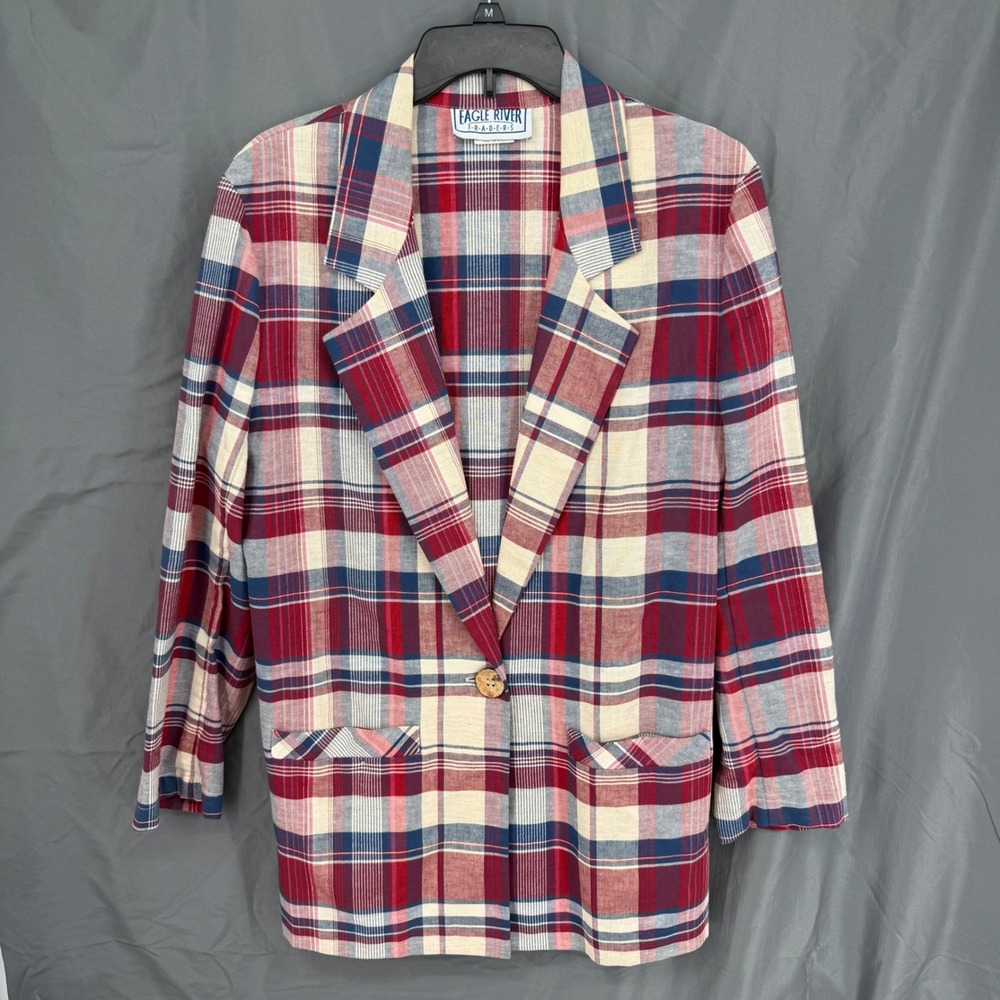Eagle River Traders Blazer Wmn 14 Red Plaid Cotton Linenโ Single Button USA Made - Picture 2 of 14